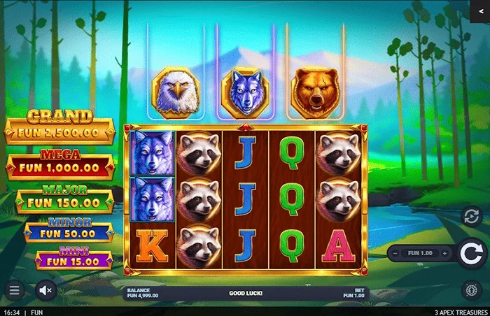 3 Apex Treasures - skrini kuu ya mchezo yenye reli 5x3
